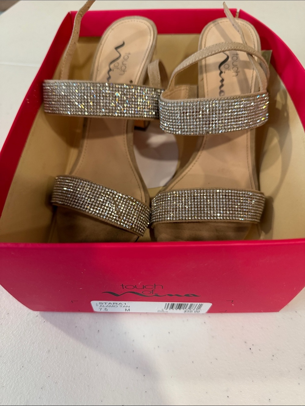 Touch of Nina Taupe Rhinestone Double-Strap Slingback Heels 7.5